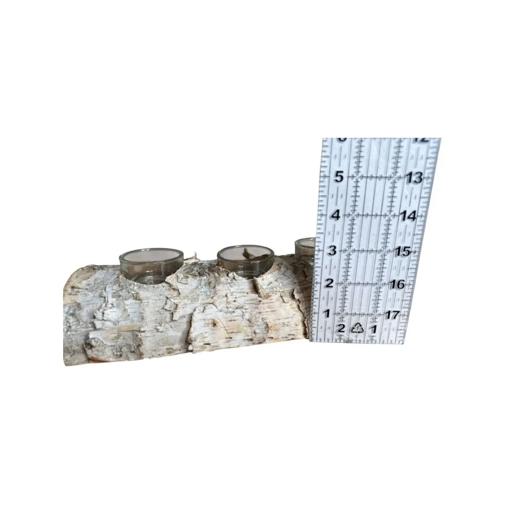 Rustic Wood Log Birch Bark 3 Tea Light Candle Holder Centerpiece Cabin Lodge 11”
